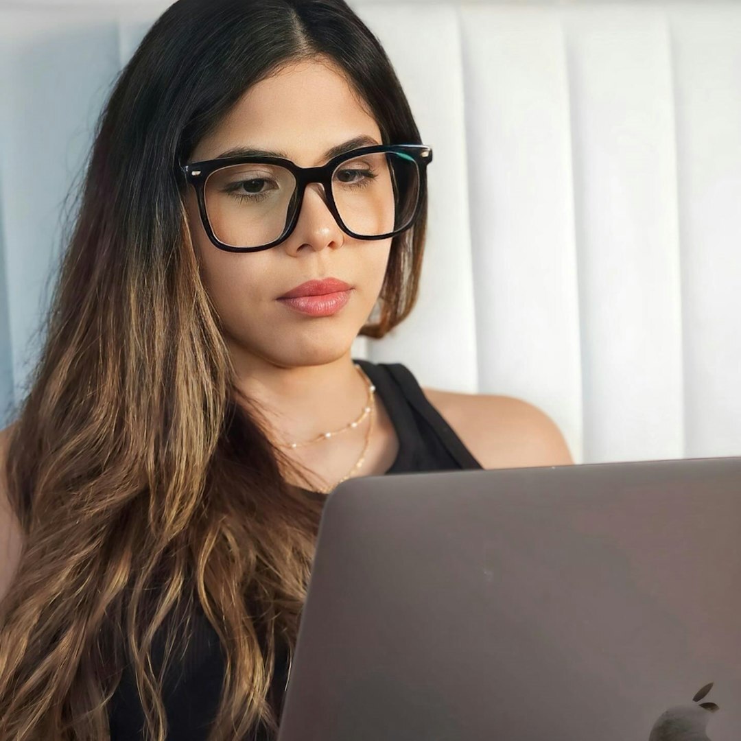 Professional woman journalist smiling in modern office